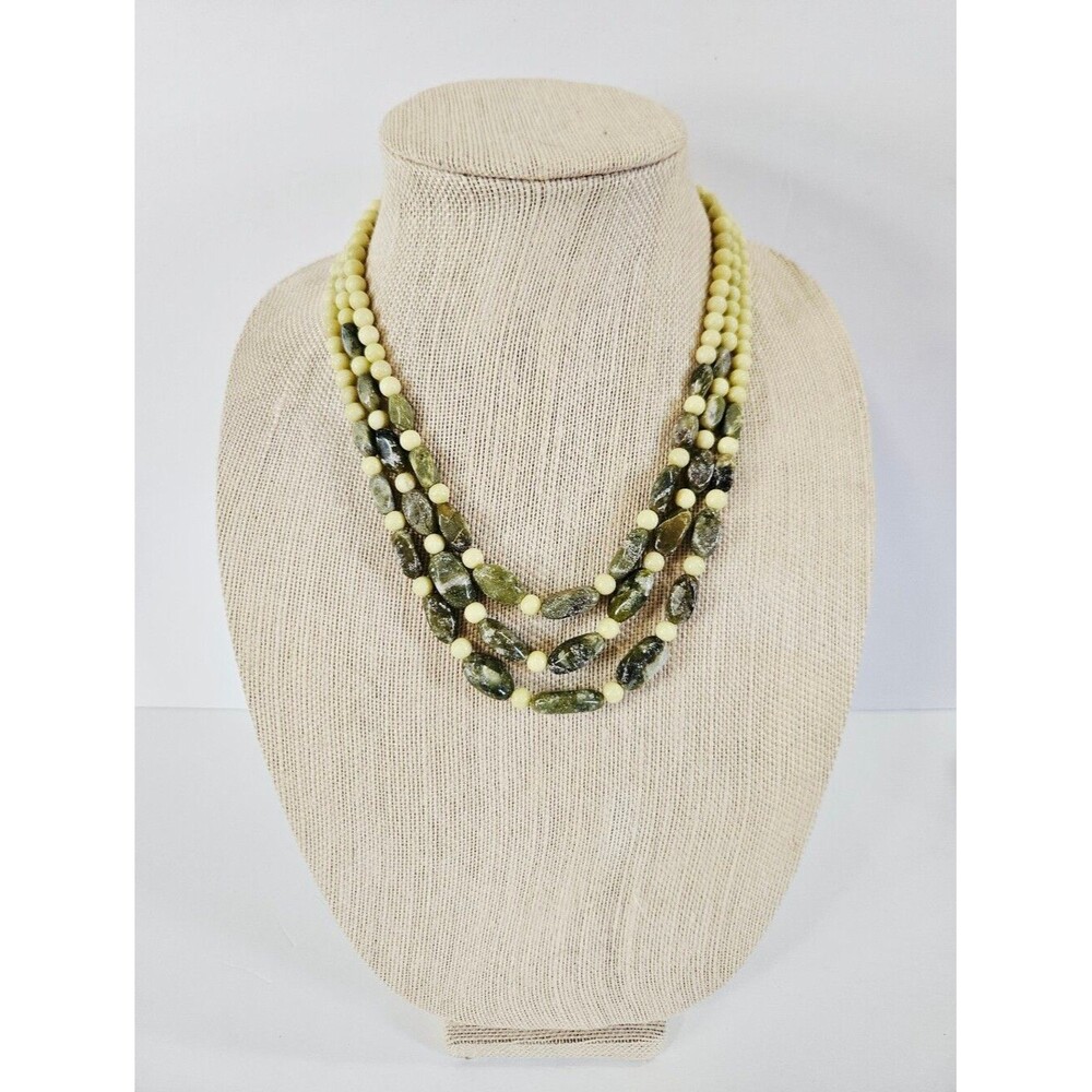 Vintage Triple-Strand Beaded Natural Serpentine Yellow Jasper Stone Necklace
